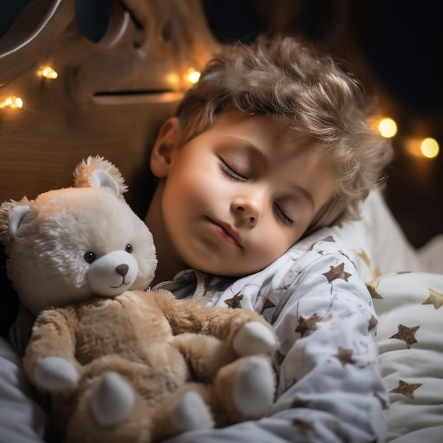 Una niña adorable durmiendo con un juguete en su cama.