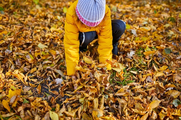 Niña adorable feliz riendo y jugando hojas caídas amarillas