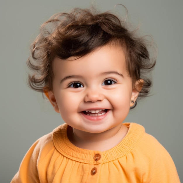 una niña adorable con el pelo rizado sonríe para la cámara