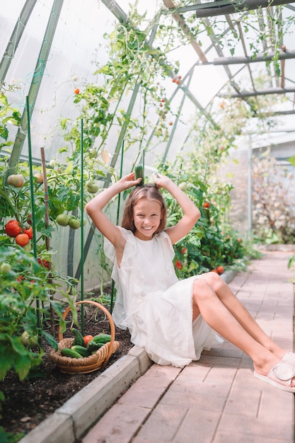 Niña adorable que cosecha los pepinos y los tomates en invernadero.