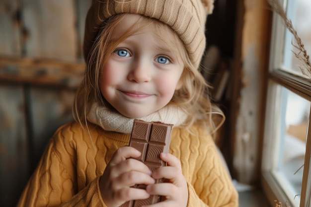 Una niña adorable con ropa cálida y chocolate en las manos.