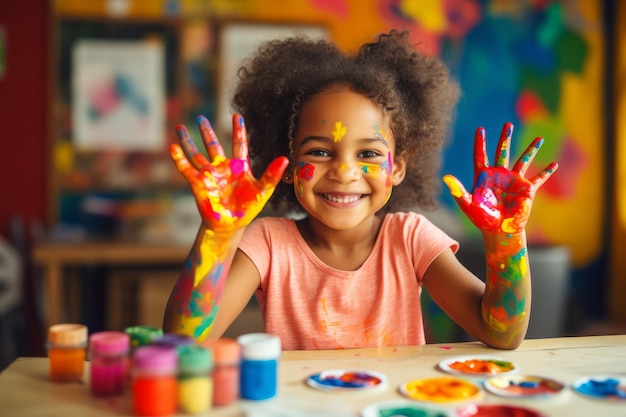 Una niña adorable en su mesa en casa con sus manos de color