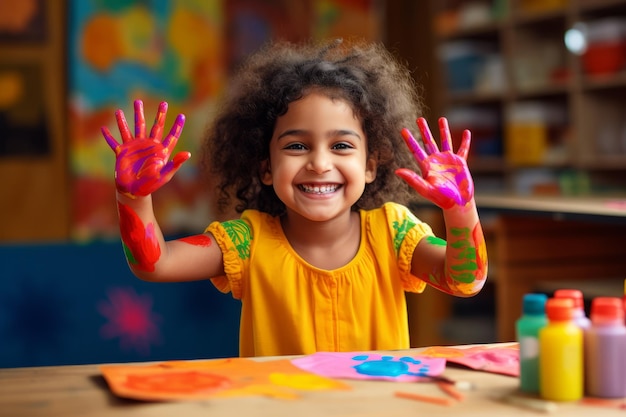 Una niña adorable en su mesa en casa con sus manos de color