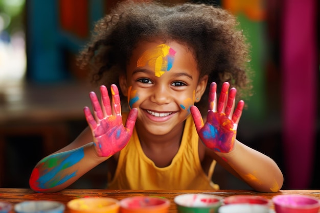 Una niña adorable en su mesa en casa con sus manos de color