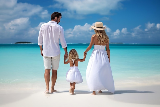 Una niña adorable con sus padres en la playa.