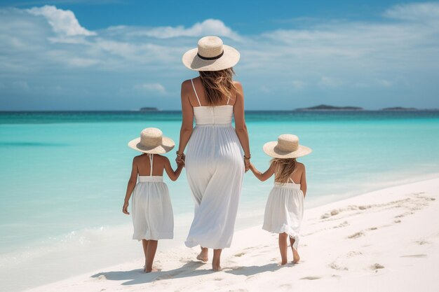 Una niña adorable con sus padres en la playa.