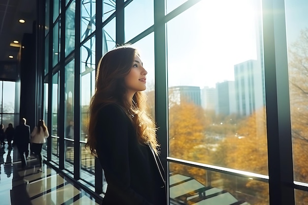 Una niña adulta se encuentra dentro de un edificio cerca de ventanas solares o paneles solares transparentes