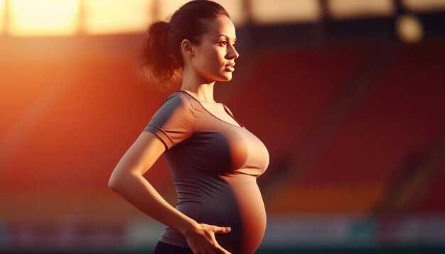 Niña adulta joven embarazada haciendo deportes, IA generativa
