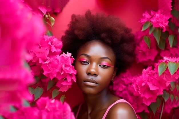 Foto niña africana con cabello rosa rizado en el fondo de buganvillas ai generativo