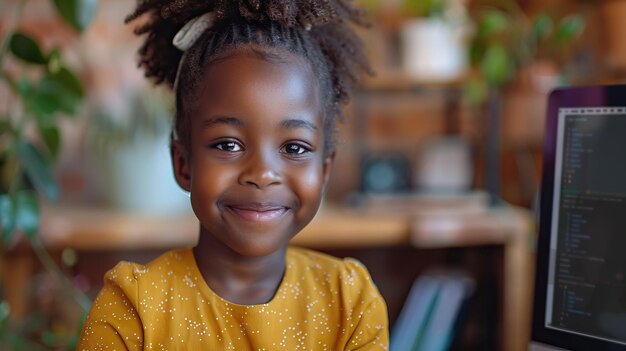 Niña africana en clase en línea con maestra y compañeros de clase