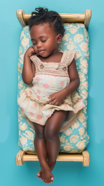 Niña africana durmiendo sonriendo en el pequeño colchón