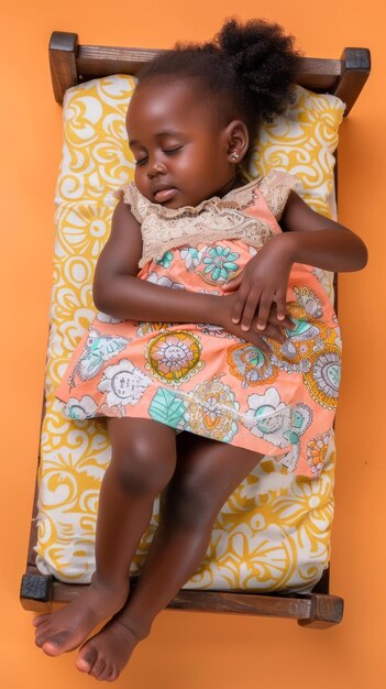 Niña africana durmiendo sonriendo en el pequeño colchón