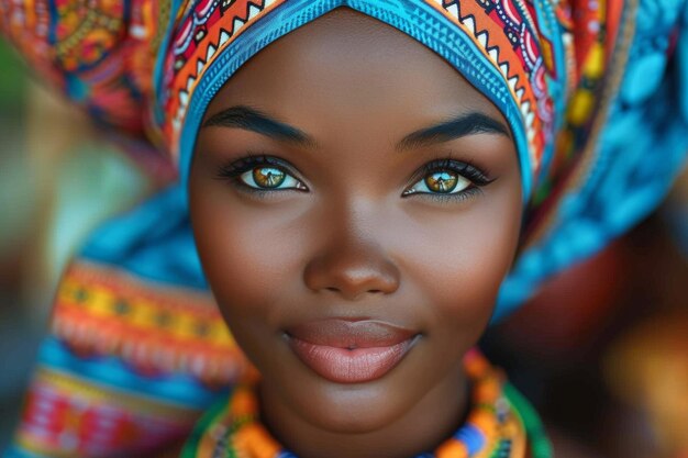 Niña africana hermosa mujer negra con piel oscura cultura tradicional y ropa turbante belleza natural