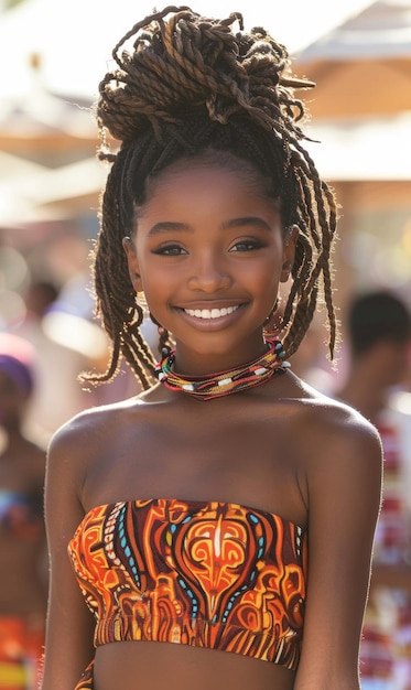 Niña africana hermosa mujer negra con piel oscura cultura tradicional y ropa turbante belleza natural