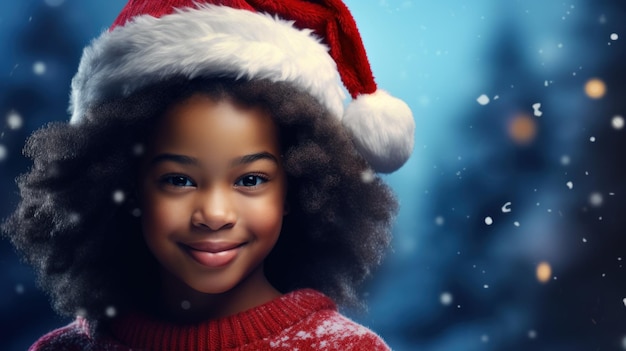 Niña africana sonriendo con el sombrero rojo de Papá Noel en el diseño de fondo de Navidad generado por IA