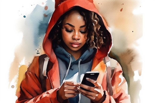 Niña africana usa retrato de teléfono de ilustración de mujer joven negra IA generativa