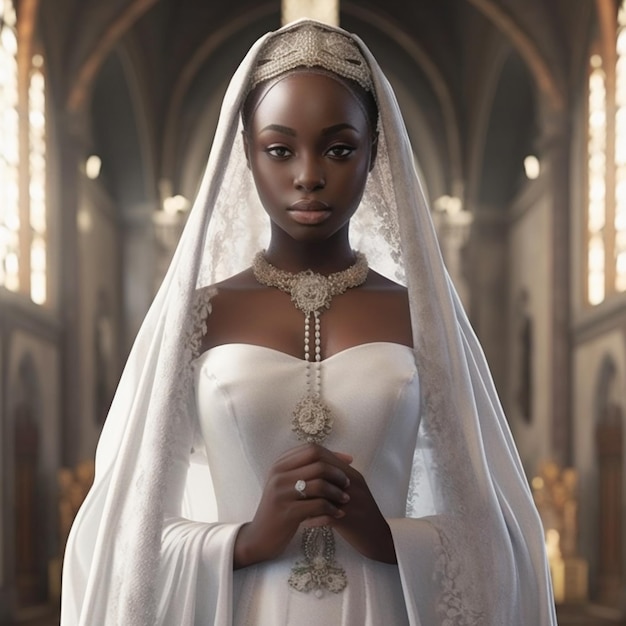 Foto niña africana con un vestido de novia en cherch