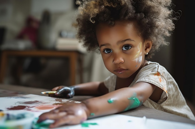 Niña afro de 4 años pintando con sus manos Ilustración generativa de IA