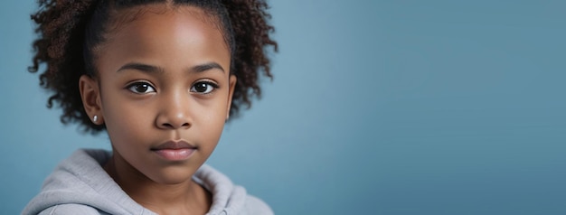 Una niña afroamericana aislada en un fondo azul hielo con espacio para copiar