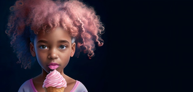 Una niña afroamericana con cabello rizado sostiene un cono de helado