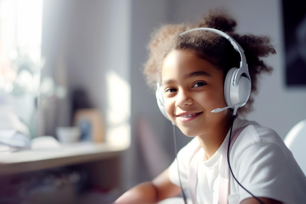 Niña afroamericana disfruta de la educación en el hogar sentada en la mesa usando auriculares generativos ai