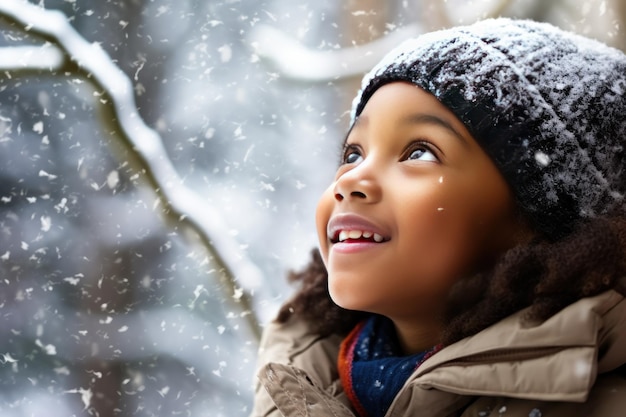 Niña afroamericana mira a los copos de nieve que se quedan bajo la nieve Niña africano-estadounidense se encuentra debajo de la nieve viendo los copos que caen en el abrigo de piel soñando con la Navidad y el Año Nuevo