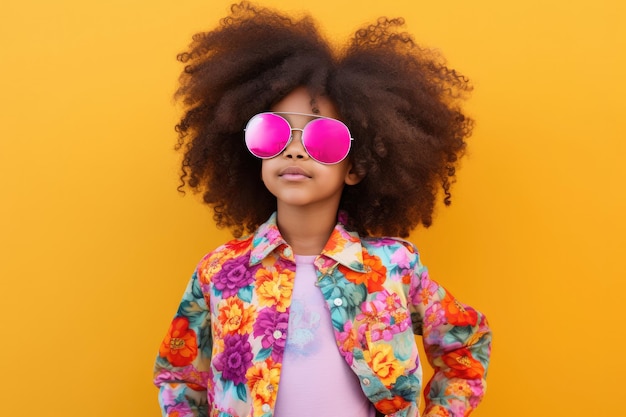 Niña afroamericana con peinado afro y gafas de sol sobre fondo amarillo