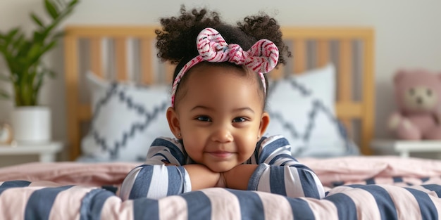 Niña afroamericana en pijama en la cama en casa