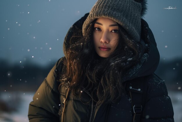 Niña afroamericana con ropa abrigada en una escena invernal