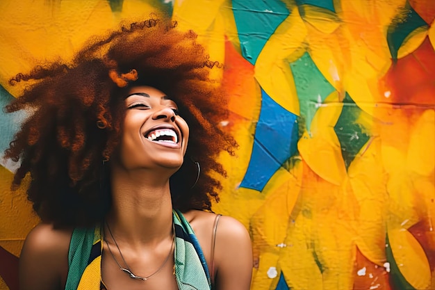 Foto niña afroamericana sonriendo en la colorida pared de la calle