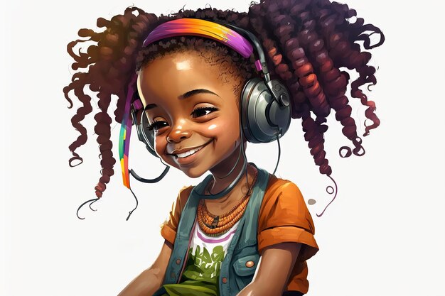 niña afroamericana sonriente con auriculares, ilustración digital