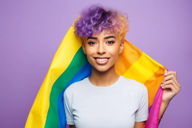 Foto una niña afroamericana sonriente con una bandera lgbt orgullo de la diversidad