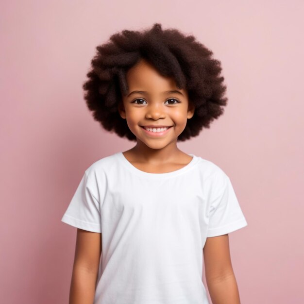 Una niña afroamericana sonriente con una maqueta de camiseta blanca en un fondo rosa AI Generative