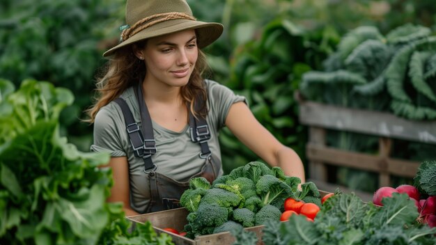 Foto niña agricultora de verduras que organiza los productos recién recogidos en una caja en una granja orgánica selfsustaina