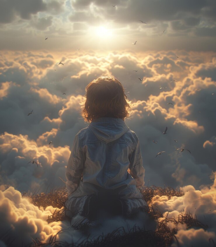Foto niña con alas de ángel en la puesta de sol