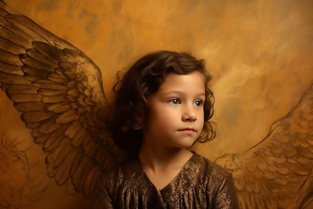 Una niña con alas en la cabeza se alza sobre un fondo dorado.