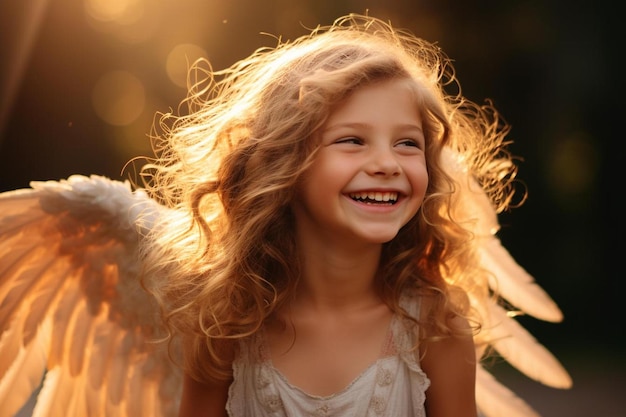 una niña con alas que dice ángel.