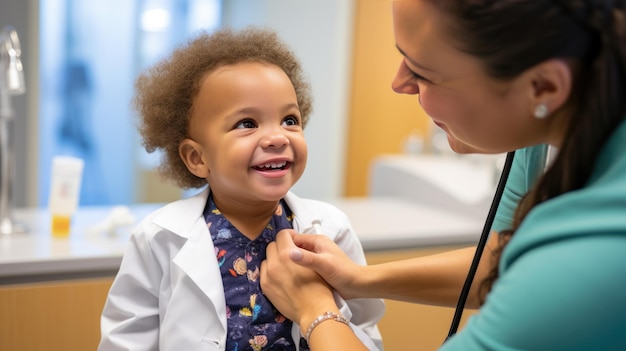 Una niña alegre con una cinta roja en el cabello le sonríe a un médico en una clínica durante un examen médico