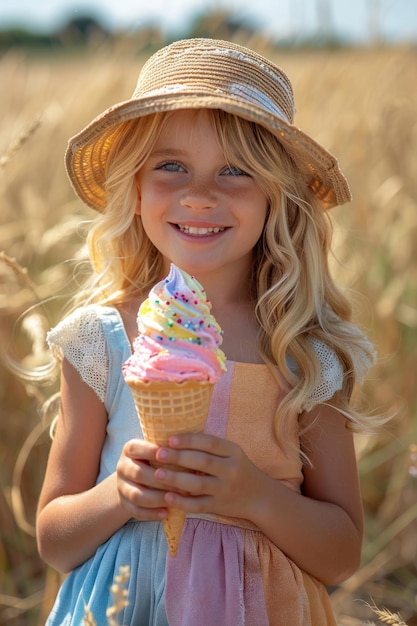 Una niña alegre disfrutando de un cono de helado arco iris brillante en un día soleado de verano.