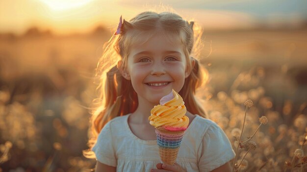 Una niña alegre disfrutando de un cono de helado arco iris brillante en un día soleado de verano.