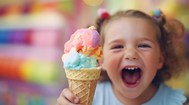 Una niña alegre disfrutando de un vibrante cono de helado arco iris en un día soleado