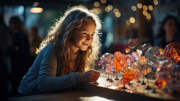 Una niña alegre explorando modelos científicos coloridos en una exposición interactiva