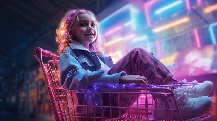 Foto una niña alegre sentada en una foto de un carrito de compras