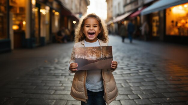 Foto una niña alegre sosteniendo una foto de paisaje en una calle de adoquines de la ciudad