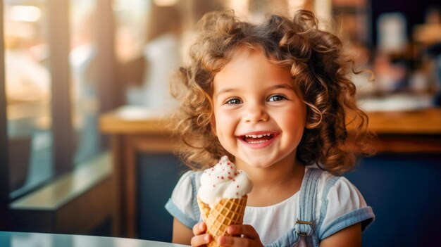 Una niña alegre sostiene un helado cremoso en un cono de waffle en sus manos en una mesa en una cafetería generada por la IA El concepto de un postre delicioso y saludable para niños