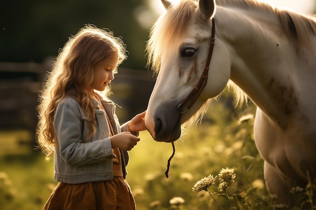 Niña alimentando a su caballo en el prado IA generativa