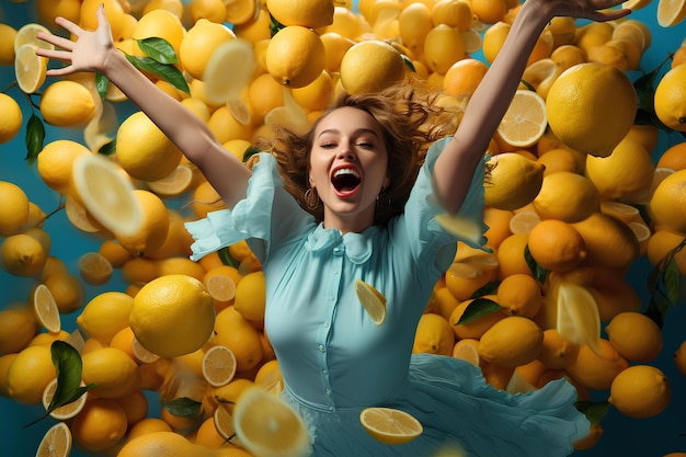 Niña animada envuelta en una cascada de cítricos y limones
