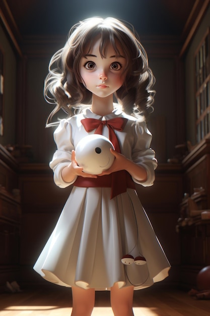 una niña animada en vestido de escuela sosteniendo una pelota de malabarismo blanca