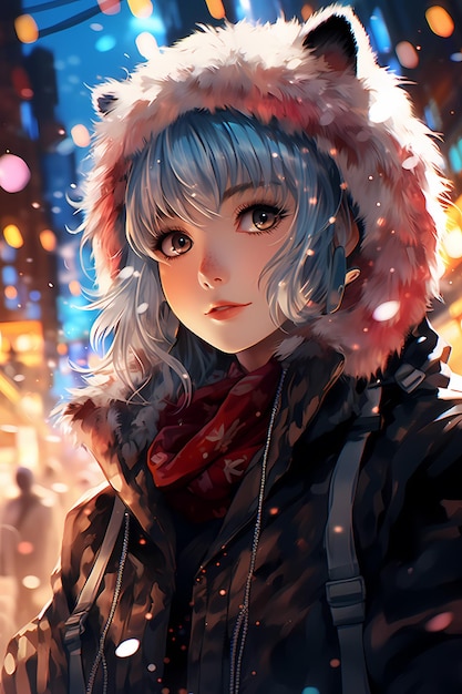 Niña de anime con disfraz de gato nevando arte digital