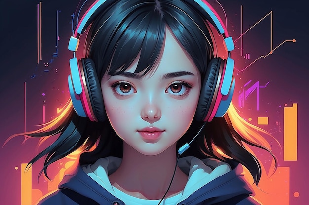 Niña de anime escucha música con auriculares retrato de una adolescente ilustración de IA generativa